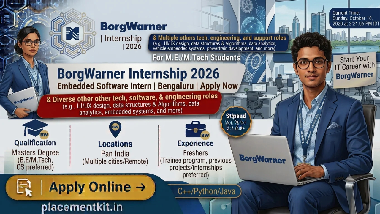 BorgWarner Internship 2026 | Embedded Software Intern | Bengaluru | M.E./M.Tech Students Apply Online