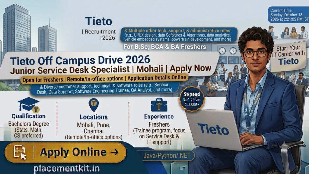 Tieto Off Campus Drive 2026 | Junior Service Desk Specialist | Mohali | B.Sc, BCA & BA Freshers Apply Online