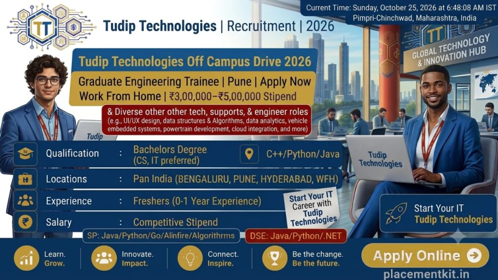 Tudip Technologies Off Campus Drive 2026 | Graduate Engineering Trainee | Pune | Freshers Apply Online